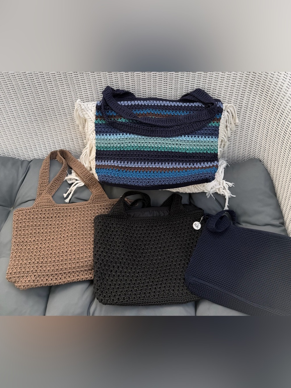The Sac Navy & Teal Striped, Tan, Blue & Black Crochet Tote Bag